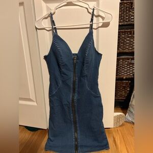 Haute Monde Blue Denim Zip-Front Spaghetti Strap Mini Dress